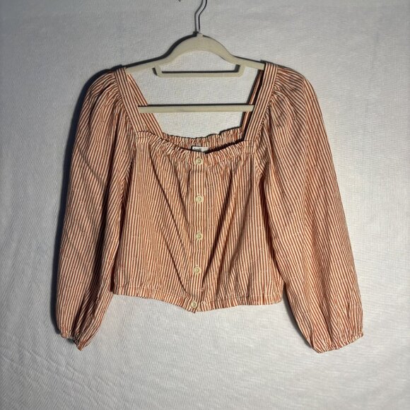 Striped Cotton Button-Up Puff Sleeve Blouse With Square Neckline Elasticized Det - Picture 4 of 12